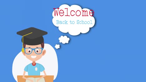 Animation-of-schoolboy-wearing-graduation-cap-icon-with-speech-bubble-on-blue-background