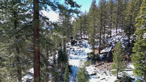 Aerial-view-of-California-wilderness-winter,-Lake-Tahoe,-California