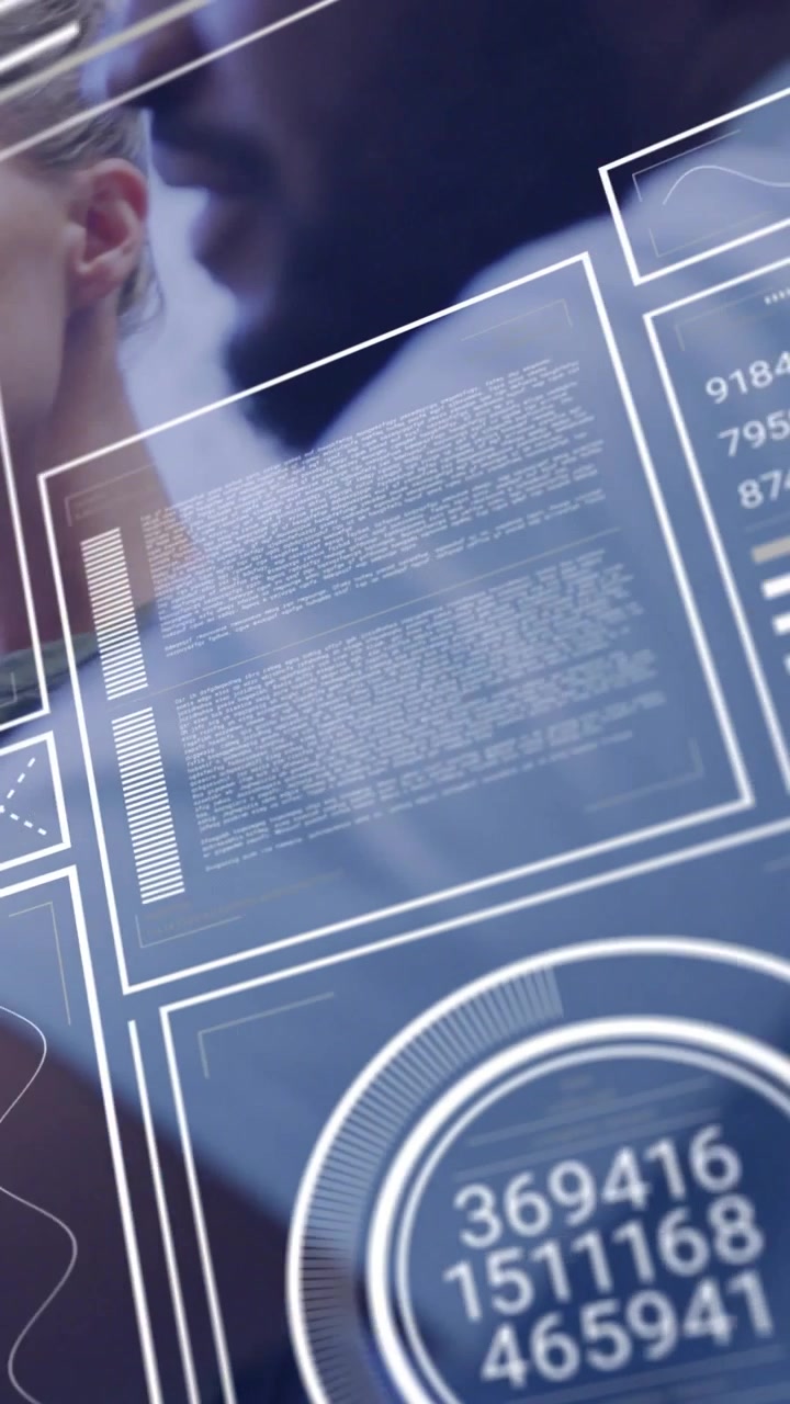 Vertical video: Pair leaning while man pointing, causing UI sliding, updating charts for analysis