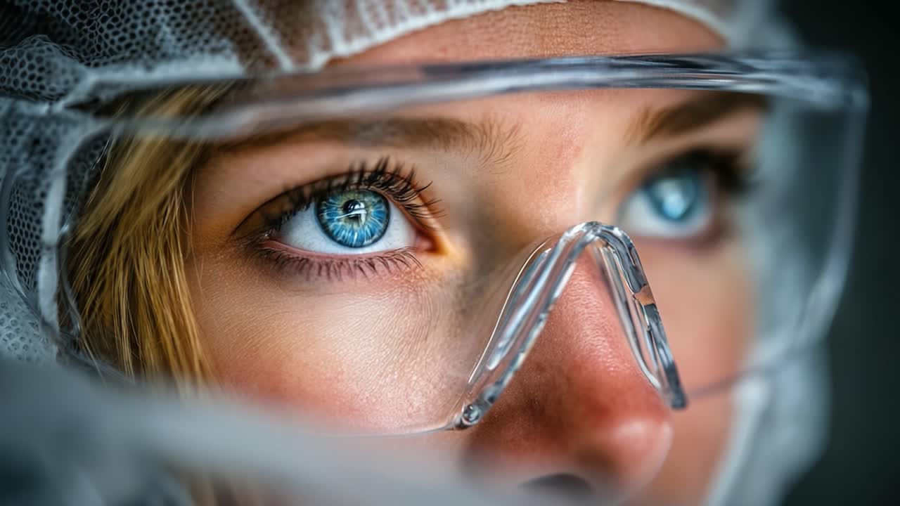 Close-up of a focused individual wearing protective eyewear, emphasizing striking blue eyes and a sense of determination in a sterile environment