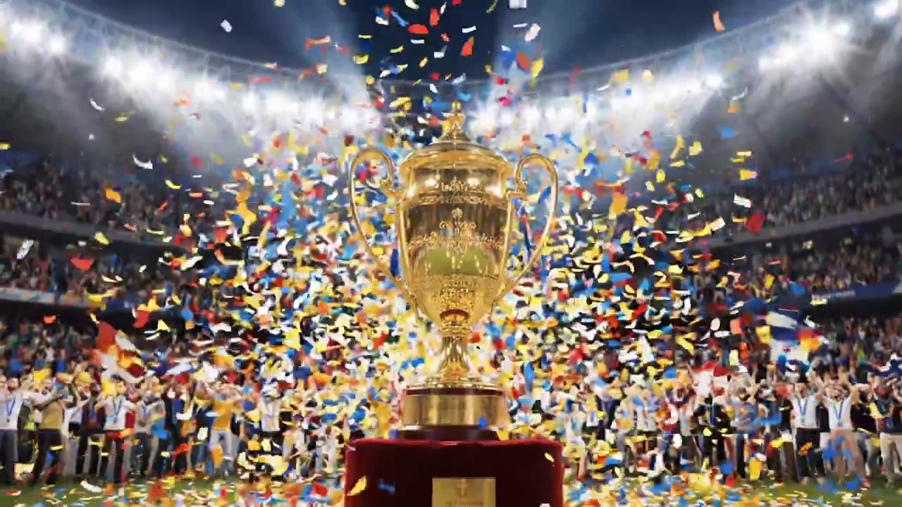 勝利の祝典：壮大なスタジアムで熱狂的なファンが歓声を上げる中、色とりどりの紙吹雪に囲まれたスポーツトロフィー。