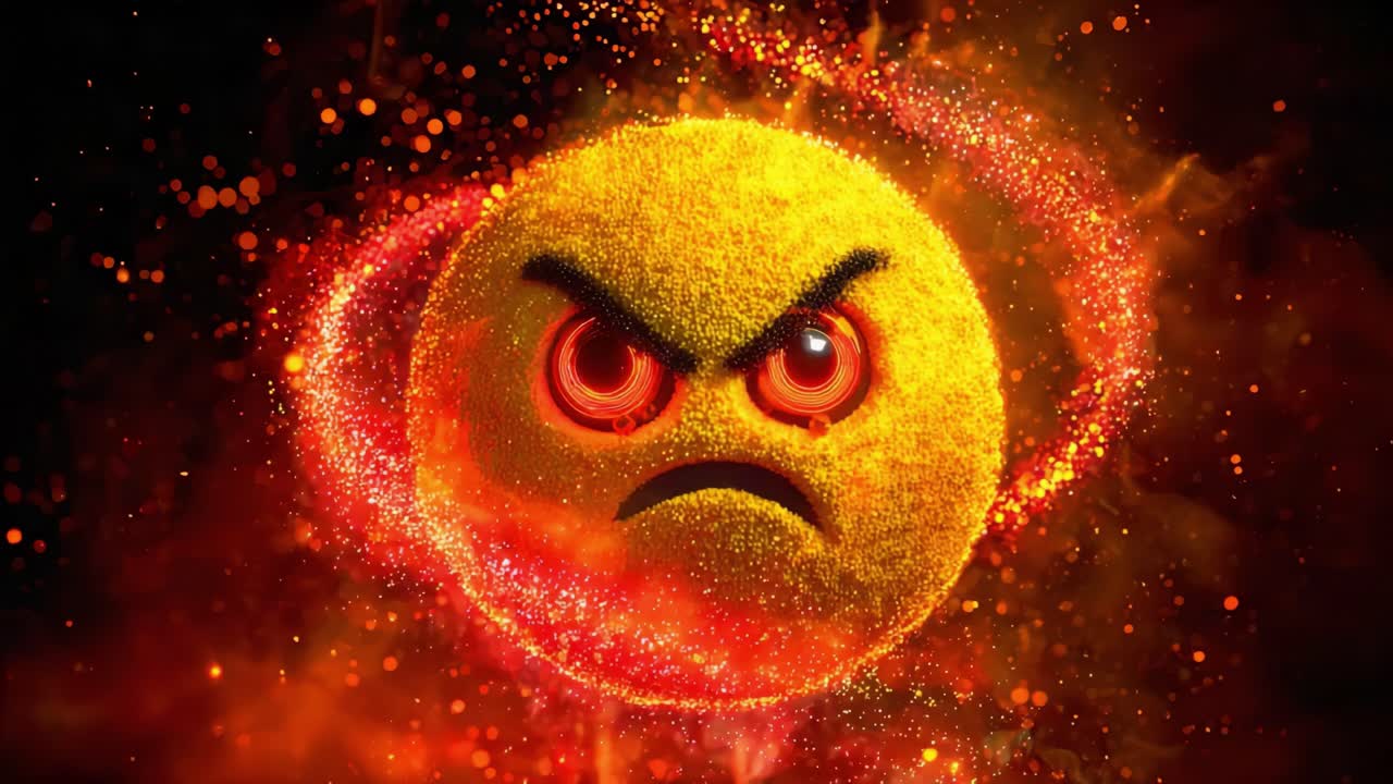 An expressive, angry yellow emoticon surrounded by fiery sparkles and vibrant colors dominates the scene, capturing emotions and intensity in a stunning visual representation