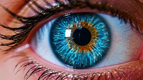 a close-up view of a futuristic eye, showcasing a vibrant, electrified iris with intricate circuit patterns and a gleaming light source at the center
