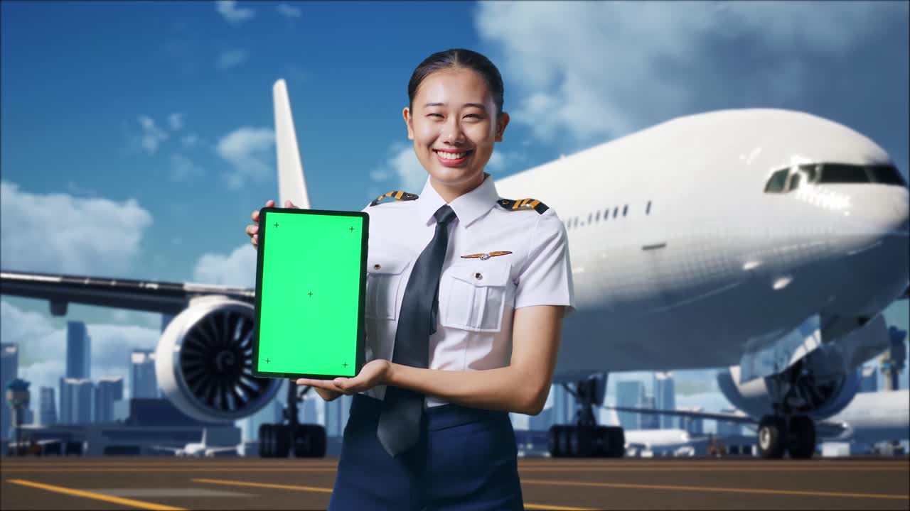 아시아 여성 조종사가 미소 짓고 녹색 화면 태블릿을 카메라에 보여주면서 배경에 비행기가 있는 공항에 서 있습니다.