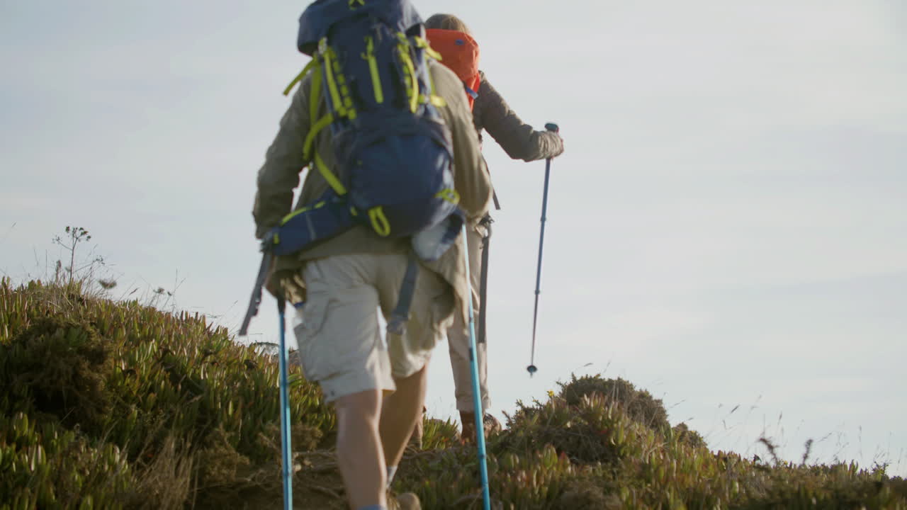 트레킹 기둥으로 산을 등반하고 풍경을 감상하는 백인 노인 부부