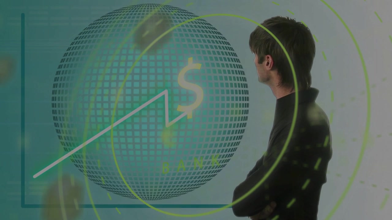Homem de braços cruzados observando dados em tempo real alimentando um globo financeiro, com gráfico em ascensão e moedas, avaliando o crescimento.