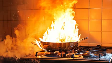 a frying pan on a stove with flames coming out of it