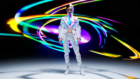 futuristic fashion model amidst swirling neon light trails