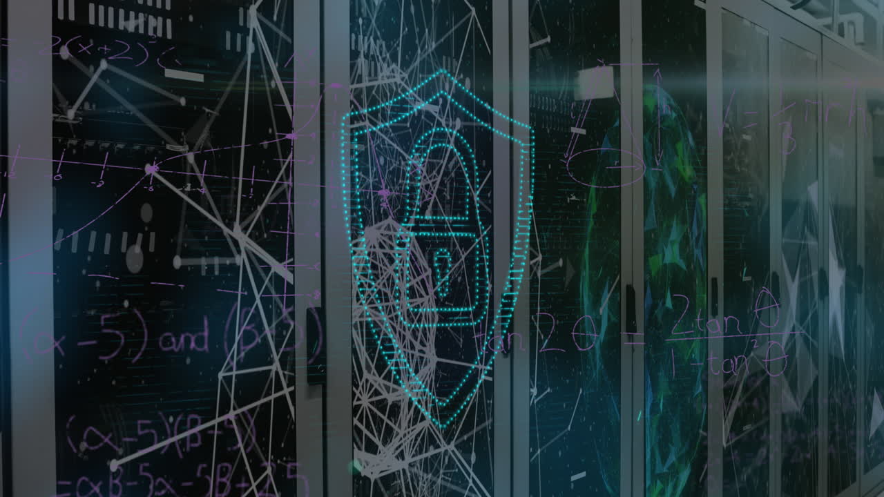 animación de punto de luz sobre el icono de candado de seguridad y redes de plexus contra la sala de servidores de computadoras