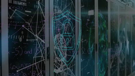 animación de punto de luz sobre el icono de candado de seguridad y redes de plexus contra la sala de servidores de computadoras