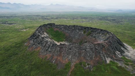 volcano crater flyover and topview, aerial shot volcanic iceland landscape, icelandic outdoor travel trails hiking destination great outdoor geology hotspot landmark