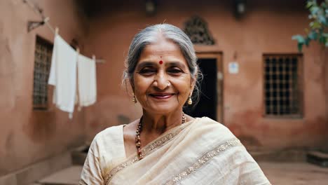 capturing the serene expression of a peaceful senior indian woman, dressed in a white sari and adorned with traditional jewelry, smiling warmly in her house courtyard within a rural village