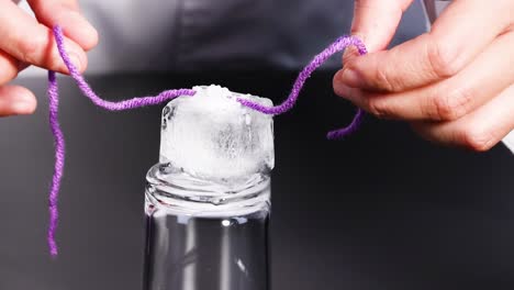 hands demonstrate lifting an ice cube using a purple string on a glass surface.