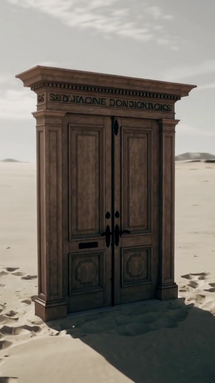 Vídeo vertical: Câmera circulando mostrando uma porta dupla ornamentada na areia com fenda para correspondência, impressões, numeral 86.