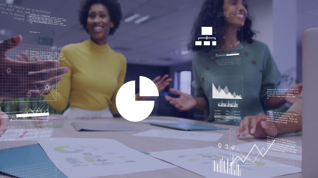 Animation of data processing and diagrams over diverse colleagues discussing work