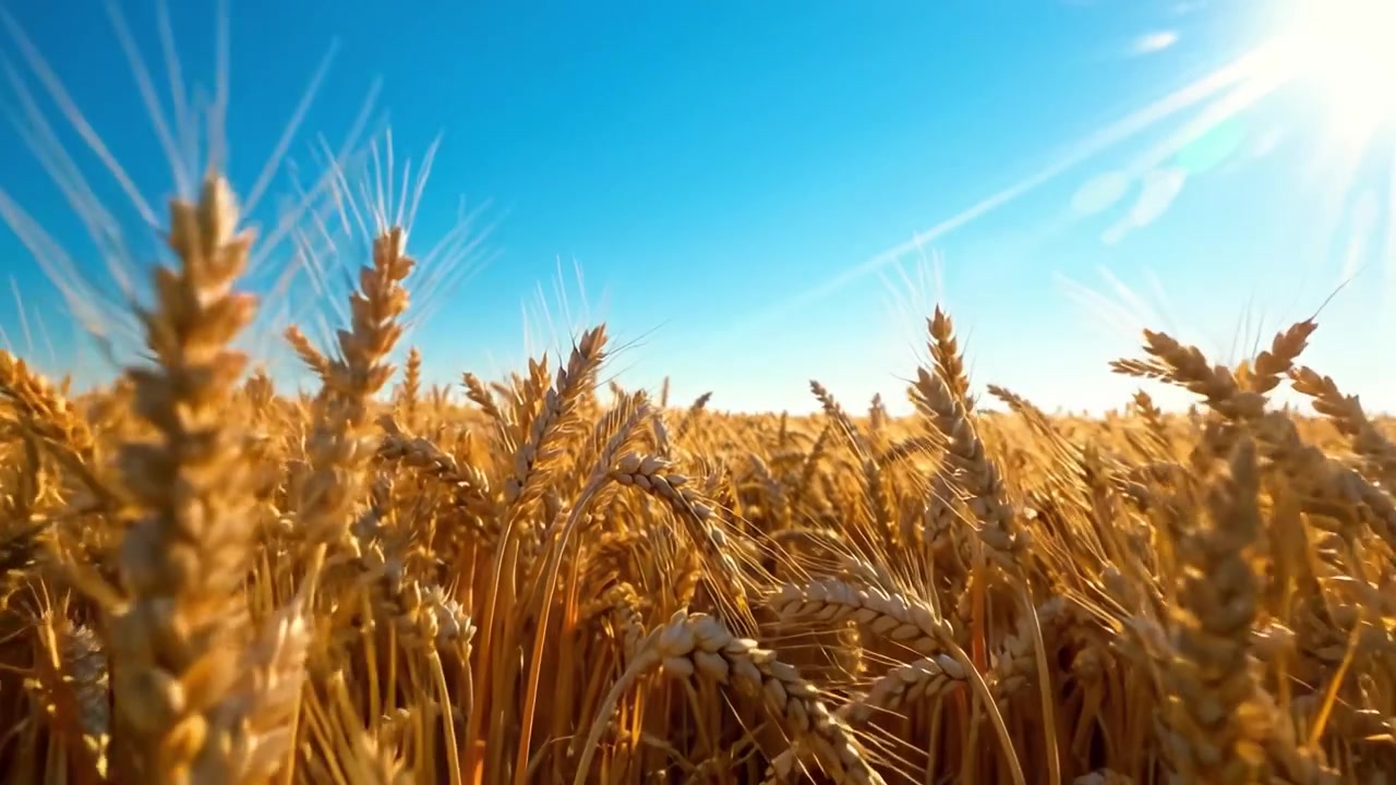 A Breathtaking Expansive View of Golden Wheat Fields Under a Clear Blue Sky Bathed in Sunlight, Capturing the Beauty of Nature's Abundance and Agricultural Vitality