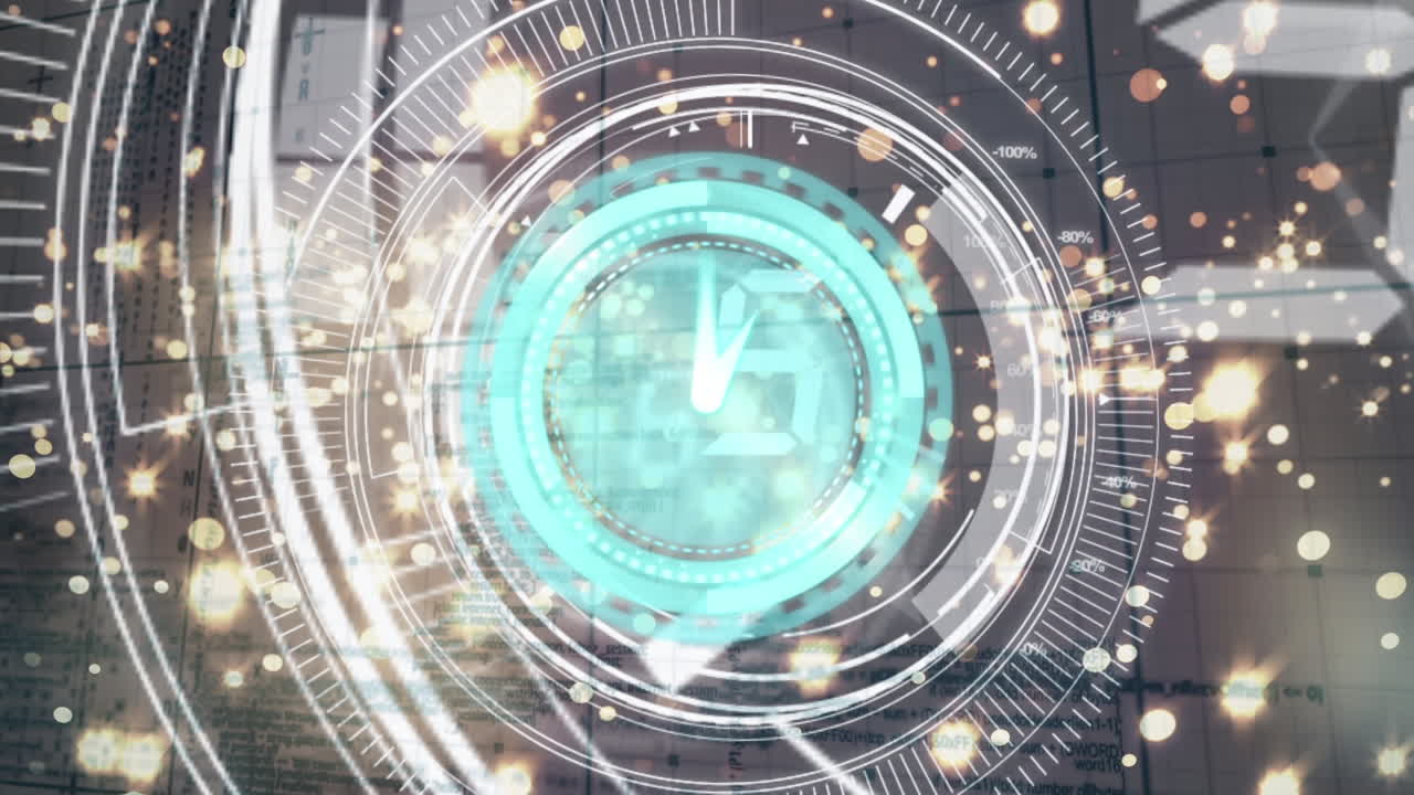 animación de reloj y luces brillantes sobre el procesamiento de datos