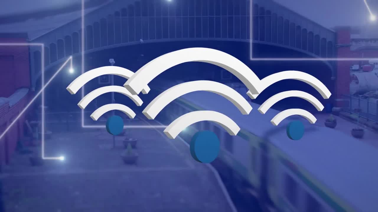 animación de iconos digitales wifi flotando sobre la estación de tren