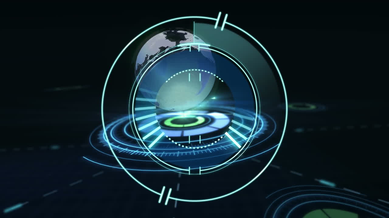 Animation of globe and scope scanning over black background