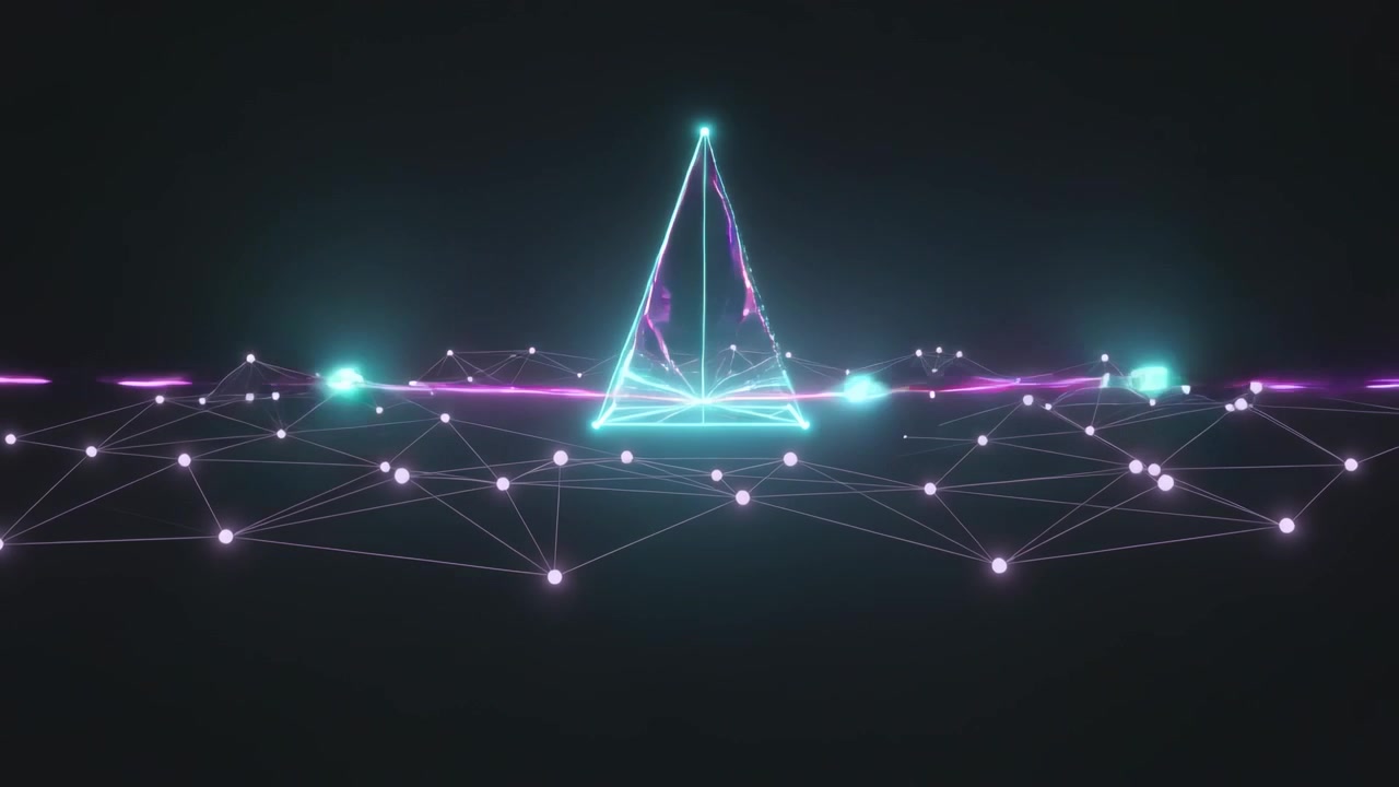 Forming wireframe sailboat pulsing in virtual mesh as magenta strand crosses, creating hull flare