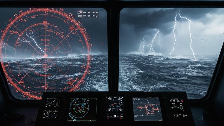 Una vista drammatica dal ponte della nave mentre mari in tempesta e fulmini riempiono l'orizzonte, catturando la potenza della natura e la tecnologia di navigazione avanzata.