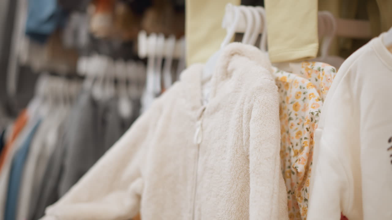 Hand view feeling fabric in children store, touching soft plush coat on rack, checking texture and quality, blurred floral garments in background under warm ambient lighting of retail environment