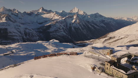 Aerial-shot-in-Switzerland-in-the-town-of-Zermatt-with-the-Matterhorn-mountain