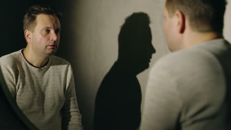 man looking at his reflection in mirror, expressing emotion