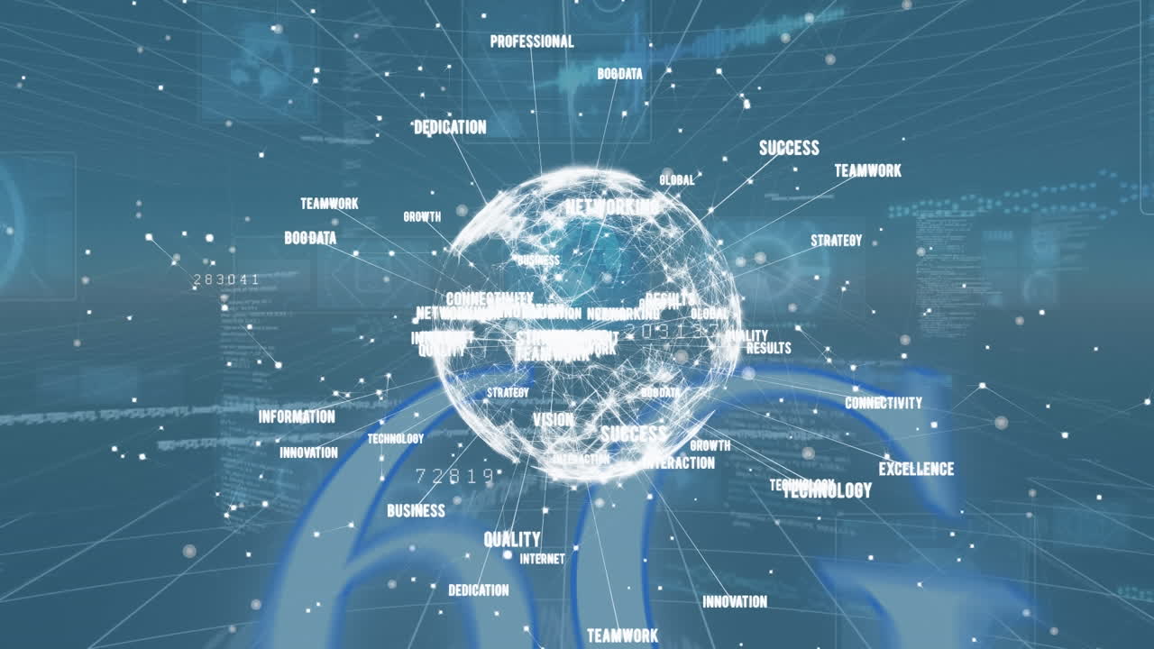 파란색 배경에 연결 및 데이터 처리를 가진 지구의 애니메이션