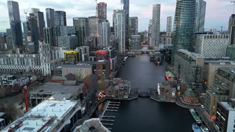 canary wharf at dusk london uk drone aerial view evening