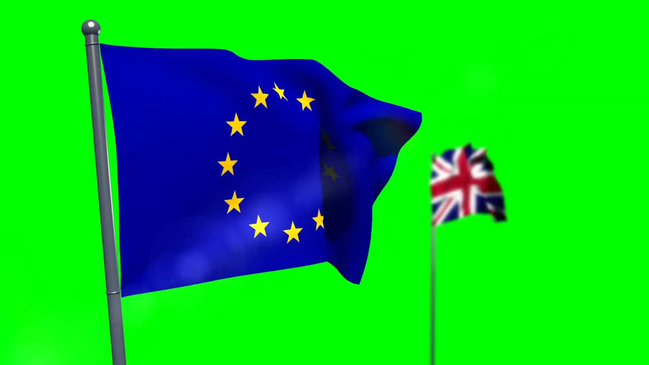 유럽 연합  ⁇ 발과 유럽  ⁇ 발이 녹색 화면에 흔들리고 있습니다.