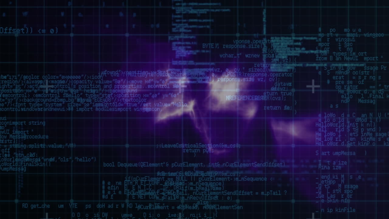 Animation of digital data processing over purple clouds and grid background