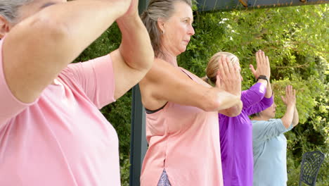 senior diverse group of women practicing yoga outdoors