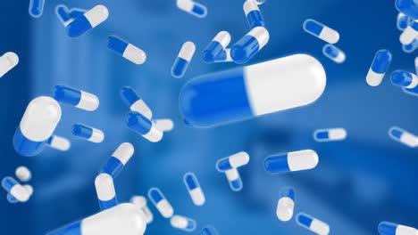 pills falling on a blue background