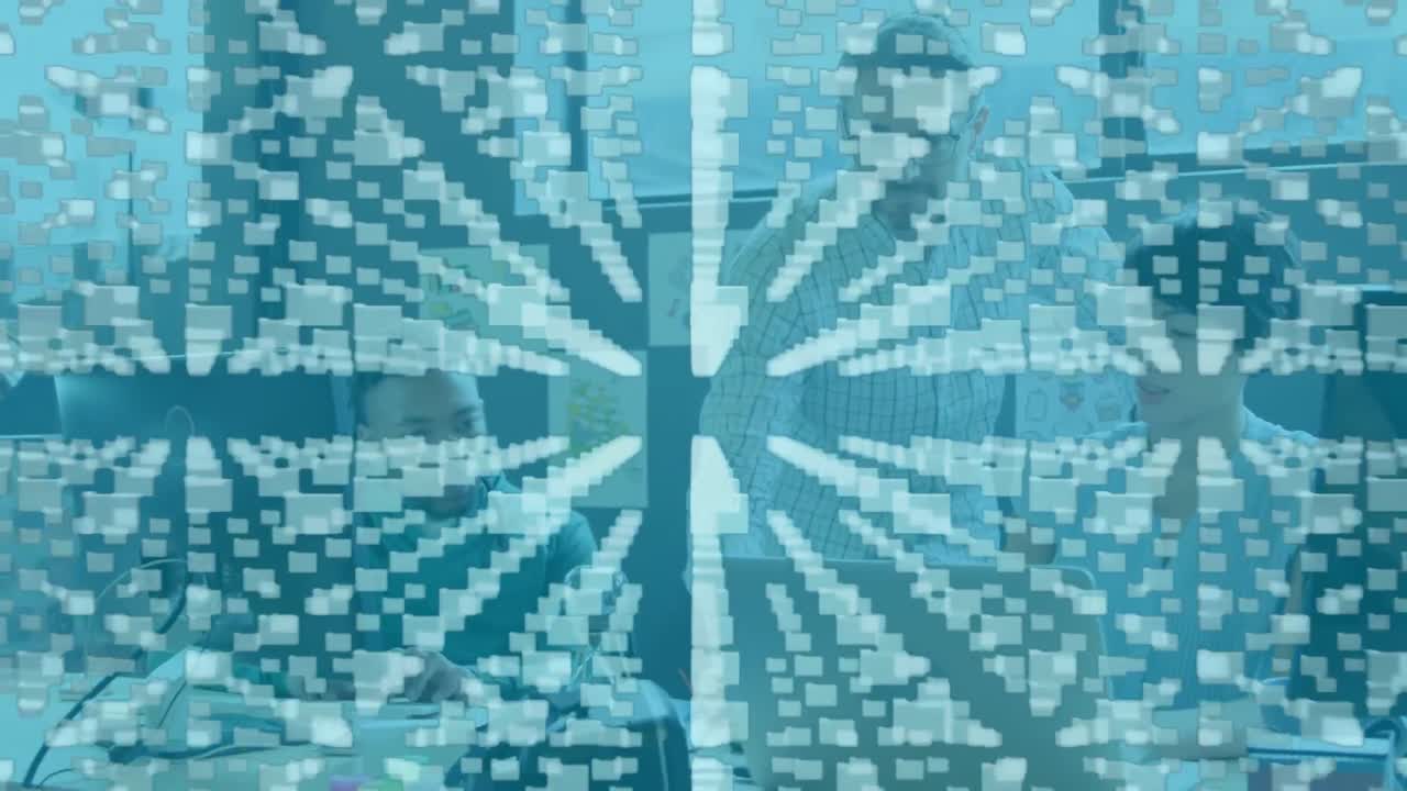 사무실에서 일하는 다인종 동료들을 이동시키는 그래픽 폴더, 잠금 및 코드의 애니메이션