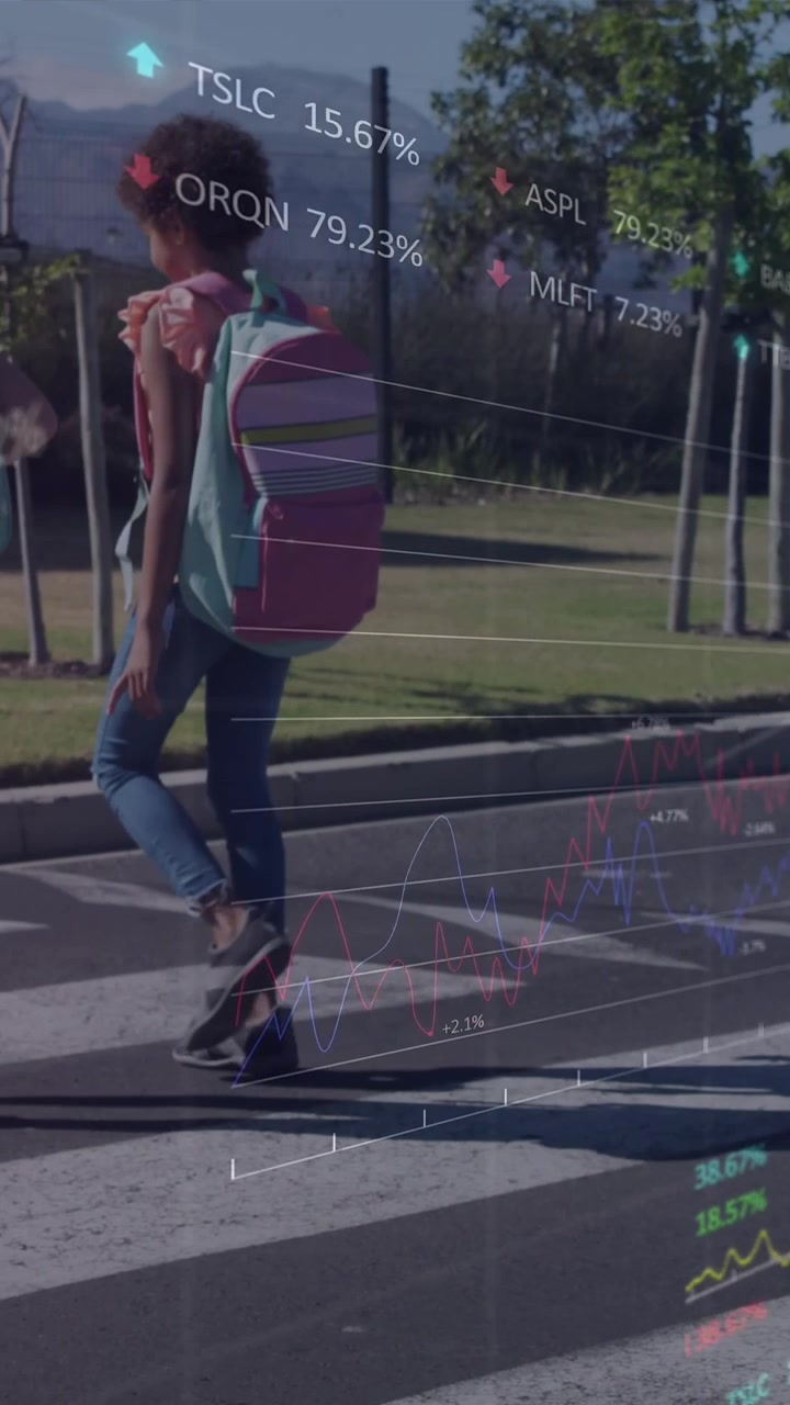Elaborazione dati di borsa con sfondo di due diverse studentesse che attraversano la strada
