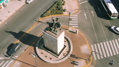 AERIAL---Cid-Campeador-monument-and-intersection,-Buenos-Aires,-Argentina,-rising