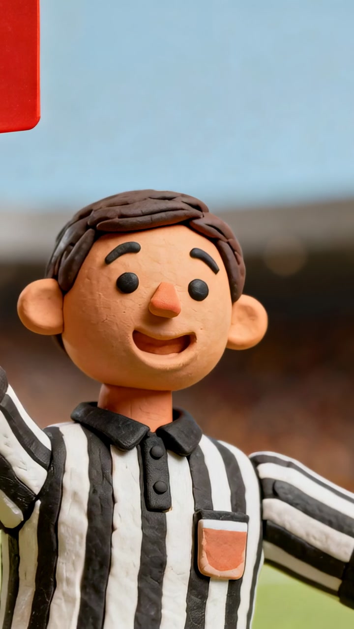 Clay referee figurine smiling, raising left arm with red card appearing, signaling foul in sports