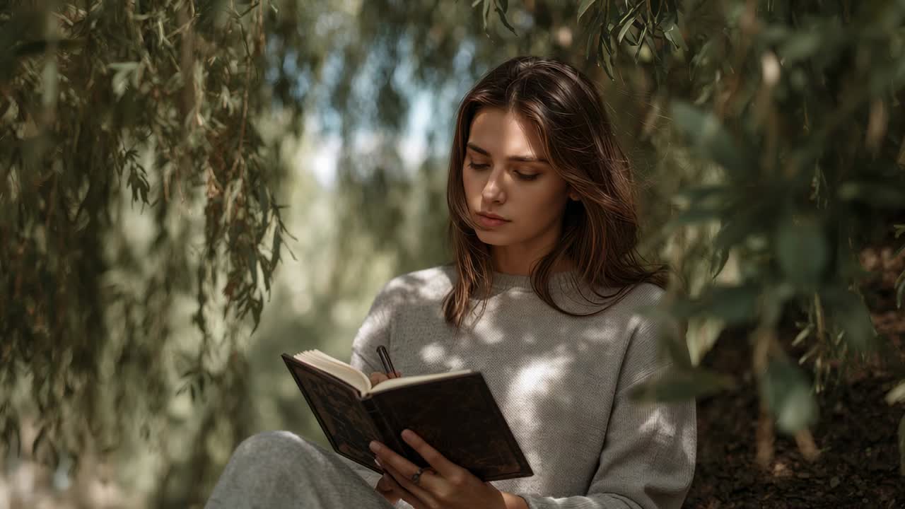 Writing woman in gray sweater holding notebook and pen under tree, prompted by dappled sunlight