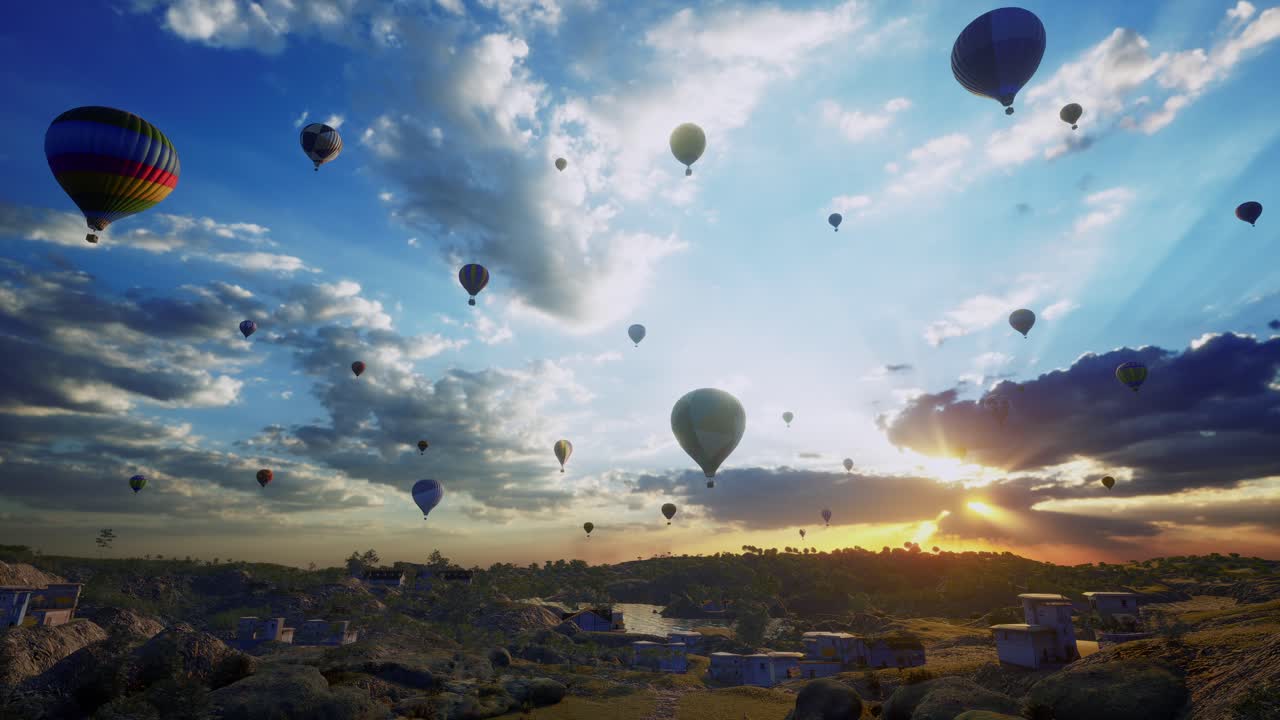 뜨거운 공기 풍선, 서서히 다른 사람들과 함께 도시 위로 날아, 해가 지는 시간