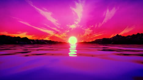 retro 1980s animation with rocks, river, sun and cyberpunk pink