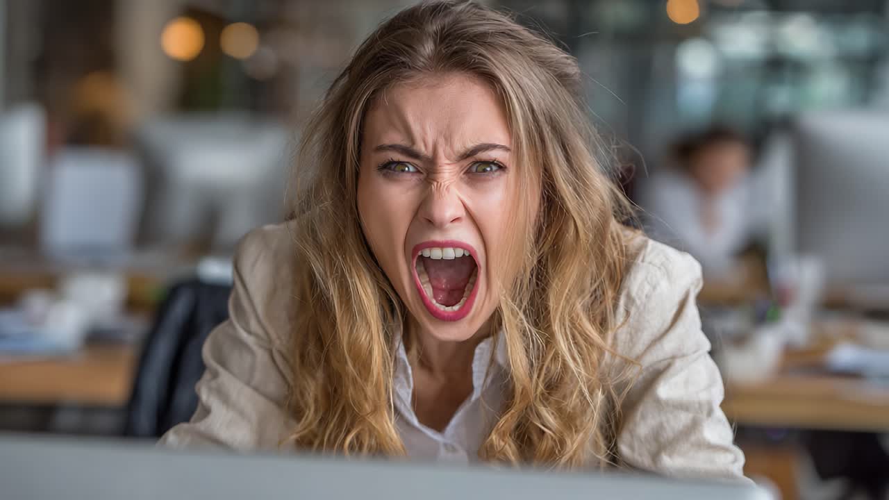 A Frustrated Young Woman in a Modern Office Environment Expresses Anger and Anxiety While Staring at Her Computer Screen During a Stressful Work Situation
