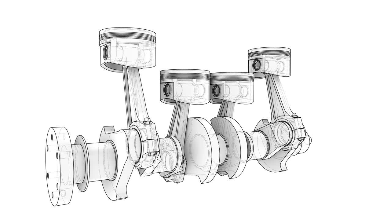 크랭크 샤프트와 4 개의 피스톤의 애니메이션. 와이어 프레임 또는 블루프린트 스타일