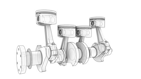 animación del cigüeñal y cuatro pistones. marco de alambre o estilo de plano