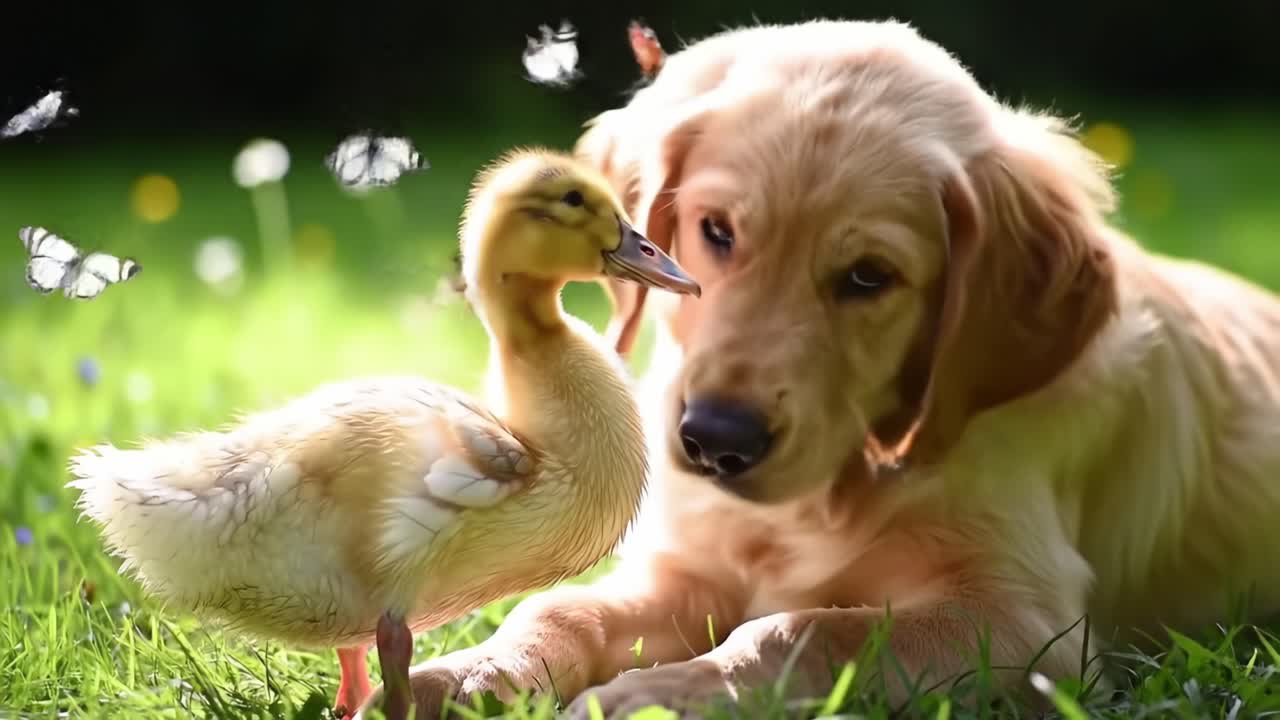 An Adorable Golden Retriever and a Playful Duckling Interact in a Sunny Meadow Full of Butterflies, Capturing a Heartwarming Moment of Friendship in Nature