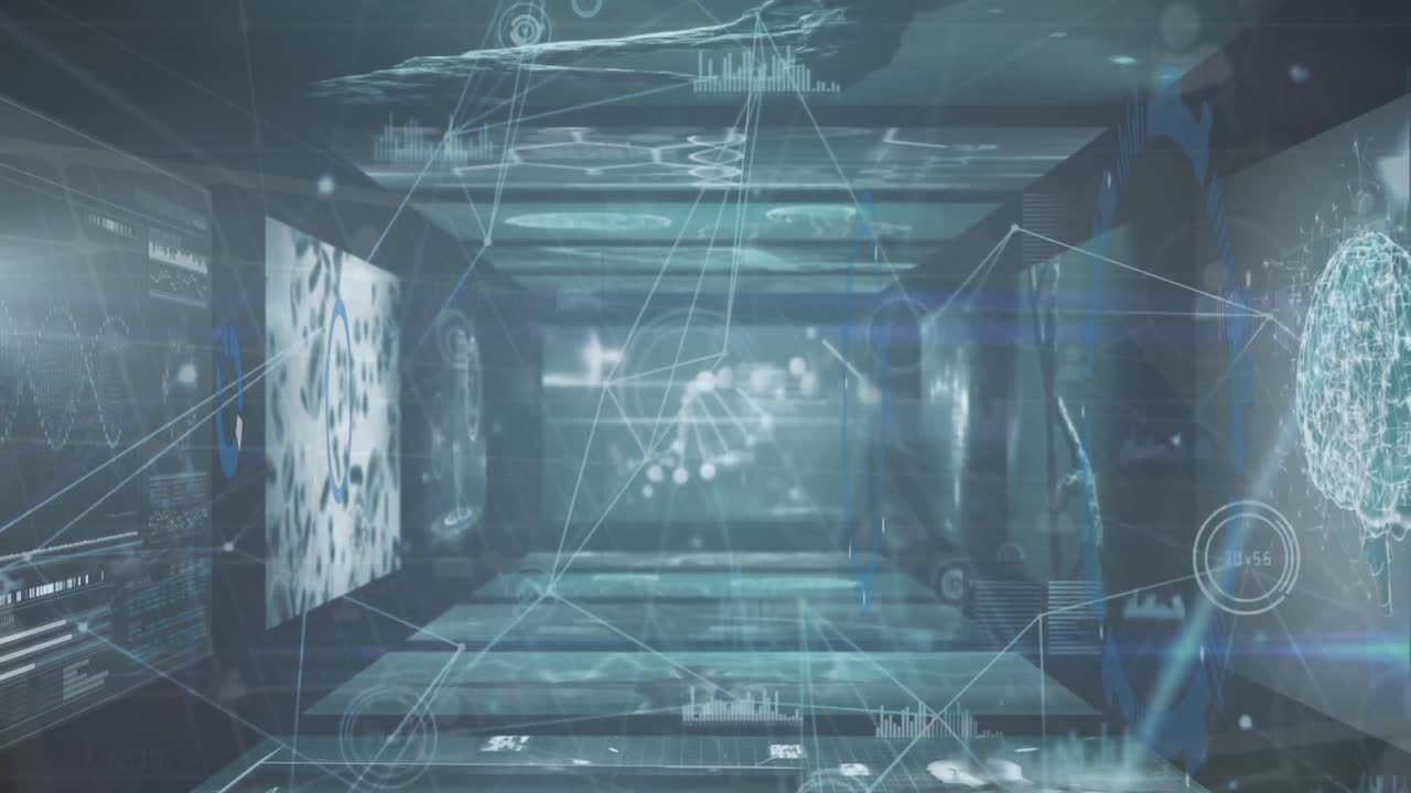 医療データ処理のスクリーンに対する接続ネットワークとラウンドスキャナーのアニメーション