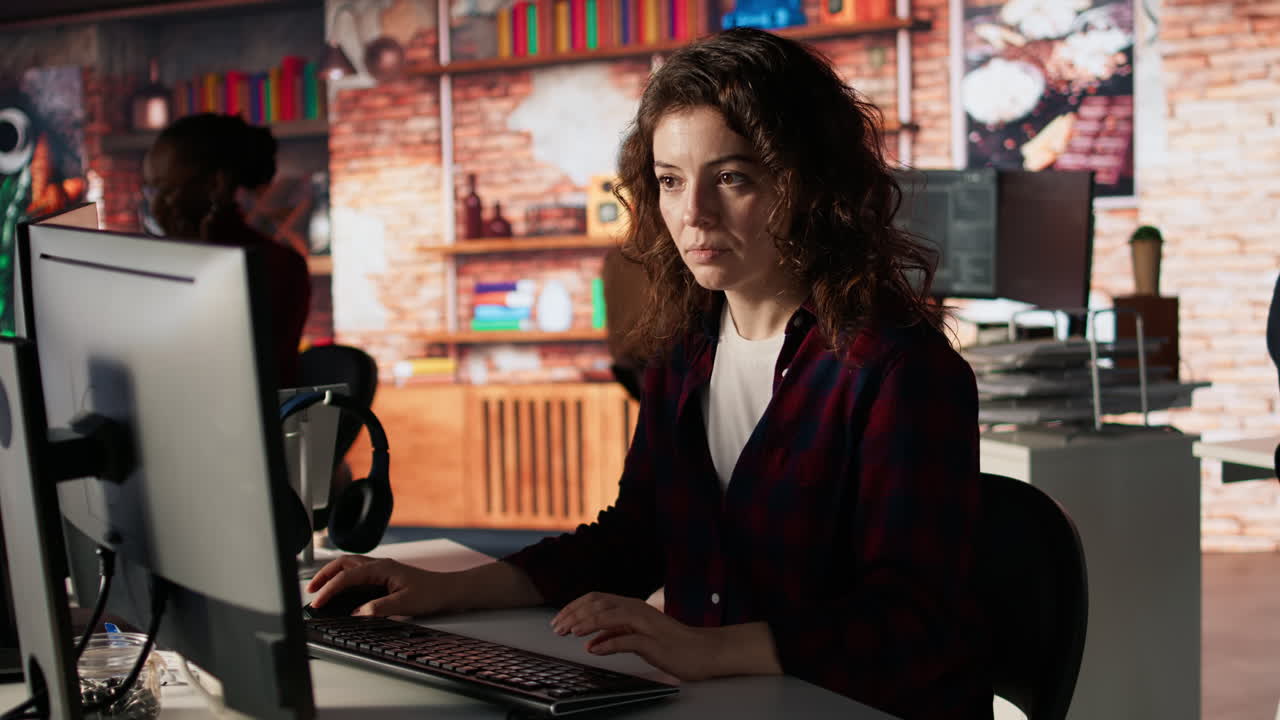 ritratto di una donna felice che lavora in un'agenzia di tecnologia