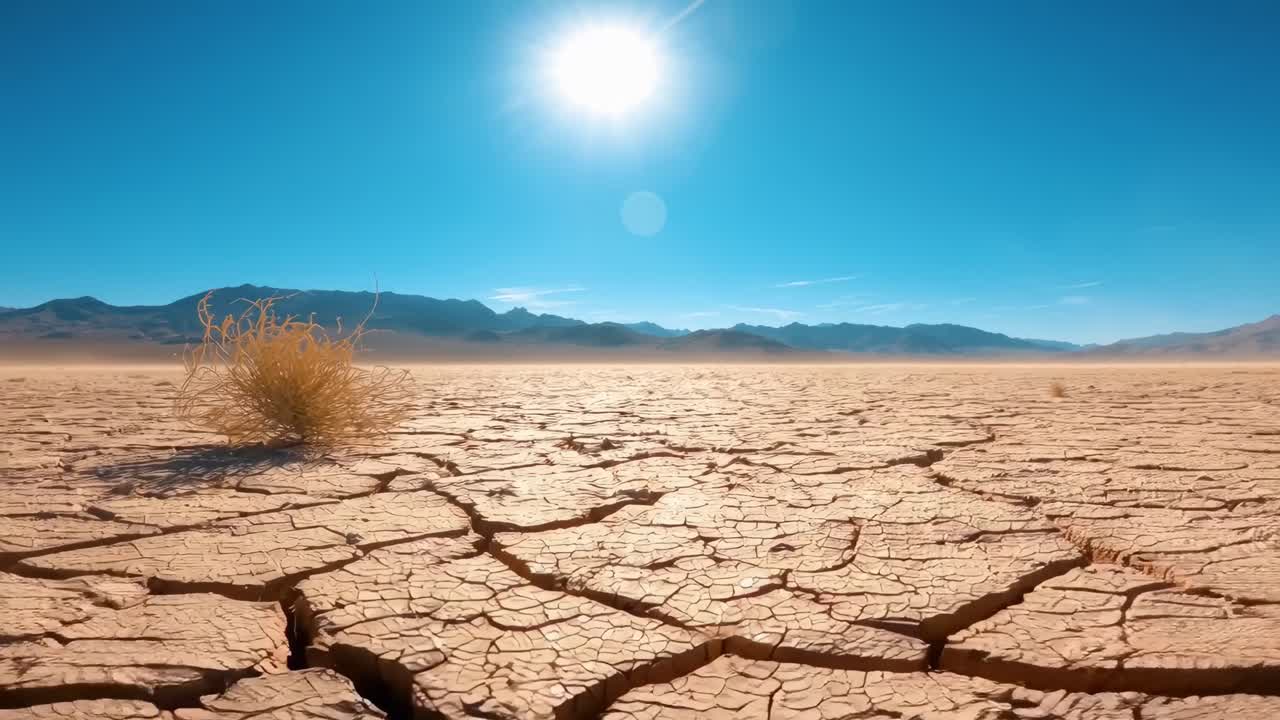 Video aereo di un vasto paesaggio desertico illuminato dal sole, con terra screpolata e cieli sereni.