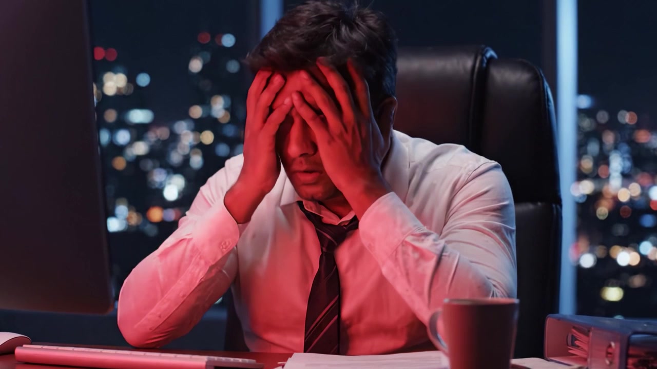 A focused individual wrestling with thought and stress under the night city lights, captured in two frames showing intensity and contemplation at work.