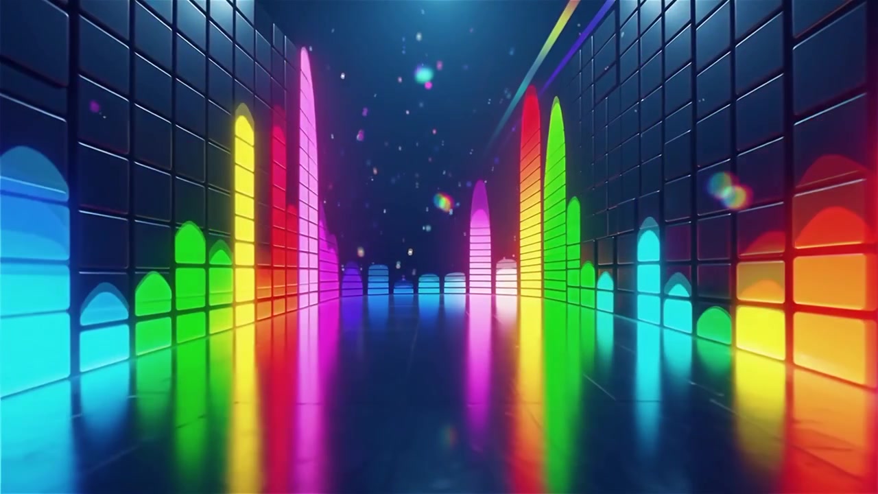Futuristisk regnbuefarvet neon musik equalizer visualisering baggrund.